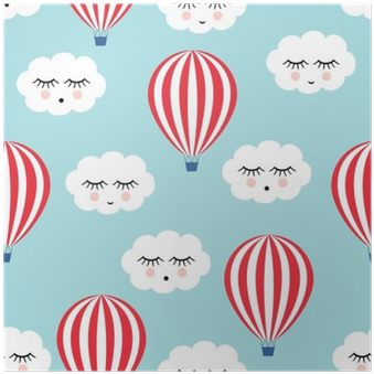 Smiling Sleeping Clouds And Hot Air Balloons Seamless - Drawing (400x400)
