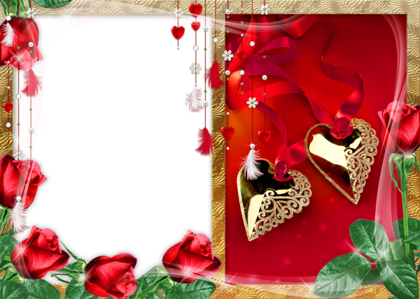 Gold Hearts With Roses Png Photo Frame - Love Photo Frames For Photoshop (600x428)
