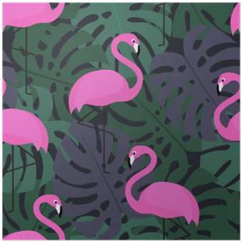 Tropical Seamless Pattern With Pink Flamingos On Dark - Art (400x400)