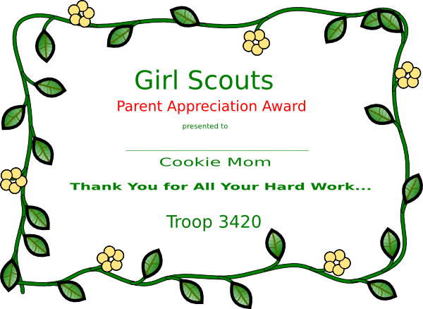 Girl Scout Cookie Mom Certificate Clip Art At Clker - Girl Scout Volunteer Awards (600x438)