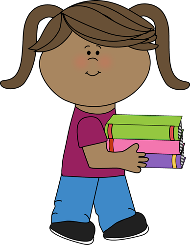 Little Girl Carrying A Stack Of Books - Clipart Girl (388x500)