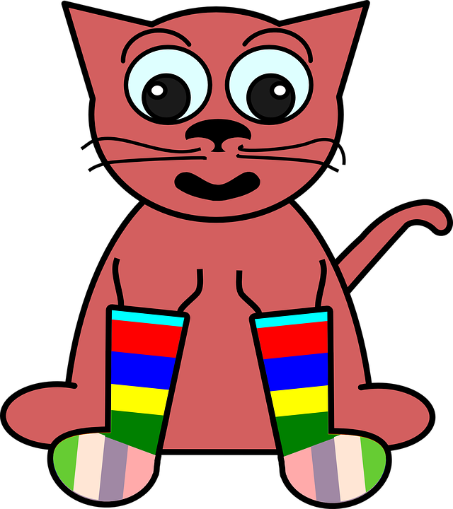 Cat, Drawing, Happy, Cartoon, Pink, Crazy, Rainbow - Cat With Socks Cartoon (640x720)