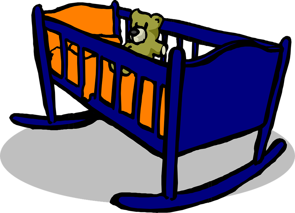 Crib Cradle Blue Baby Teddy Orange Pillow - Baby Cradle Clip Art (960x695)