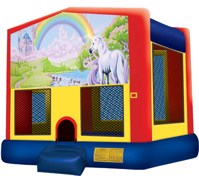 The Rainbow Unicorn Bounce House Features A Delightfully - Emoji Bounce House Rental (864x792)