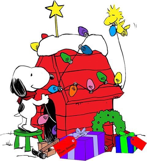 Snoopy Decorating His Dog House With Help From Woodstock - Snoopy Christmas Dog House (480x523)