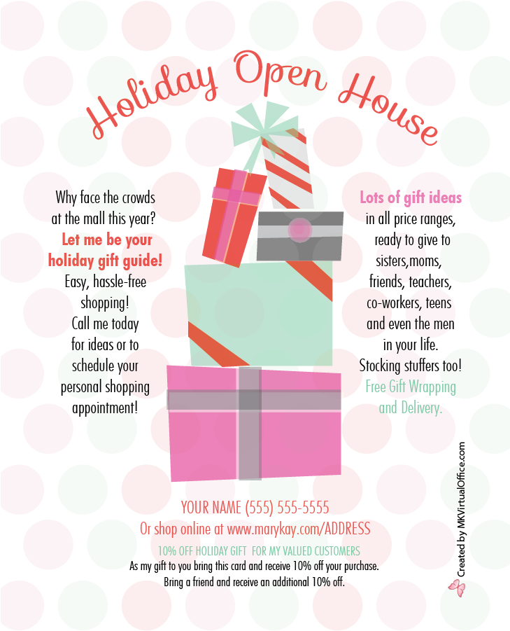 Stack Of Presents - Mary Kay Holiday Open House Flyer (728x915)