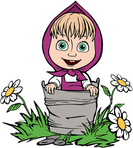 Masha Masha Masha Masha Masha In Bucket Among Flowers - Masha And The Bear (473x528)