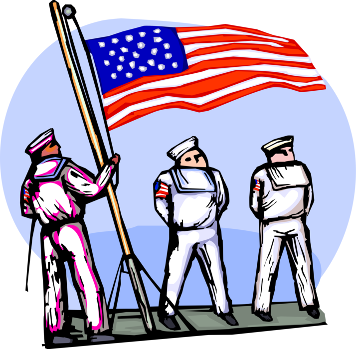 Vector Illustration Of American Naval Sailors Raise - Cartoon (714x700)
