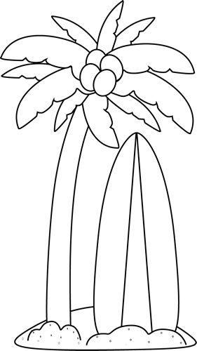Black And White Surfboard Under A Palm Tree - Palm Tree And Surfboard Clipart (281x500)