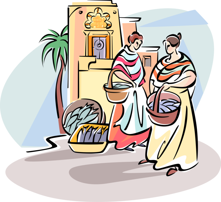 Vector Illustration Of Women Shopping In Outdoor Fish - Royalty-free (763x700)