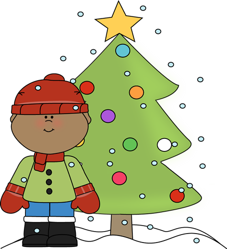 Little Boy And Christmas Tree In The Snow - Boy Christmas Tree Clipart (455x500)