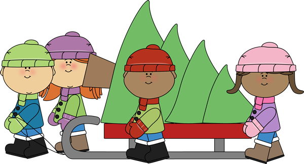 Kids Pulling Christmas Tree On A Sled Clipart N - Christmas Clipart Kids (600x325)