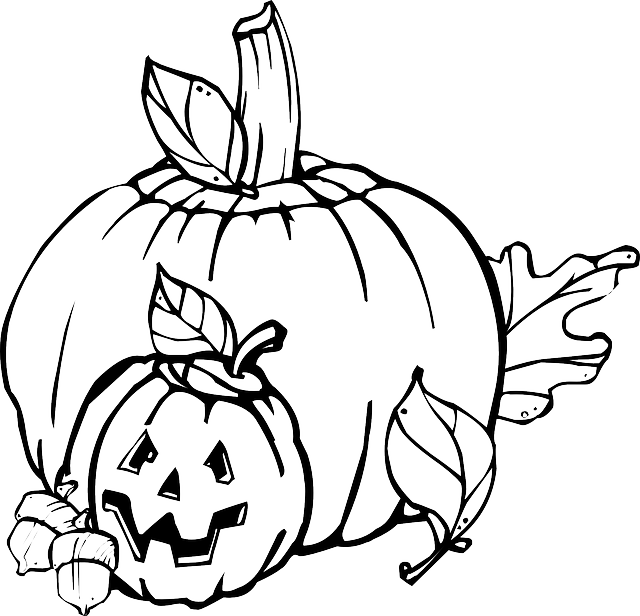 Fall, Pumpkin, Outline, Drawing, Jack, Leaf - Black And White Halloween Clip Art (640x616)