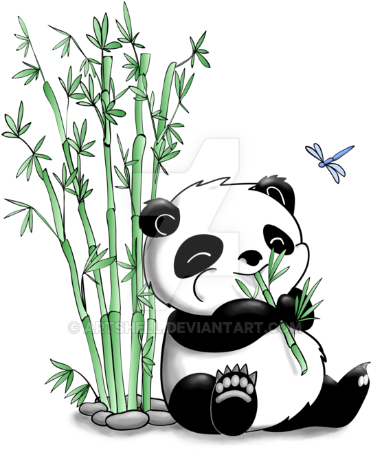 Panda Eating Bamboo By Artshell On Deviantart - Panda And Bamboo Drawing (600x682)