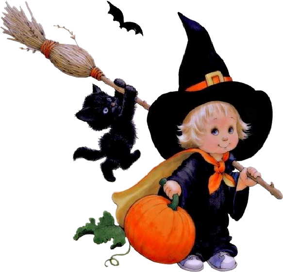 Fille En Sorcière Avec Son Balai Et Son Chat - Ruth Morehead Halloween (600x600)