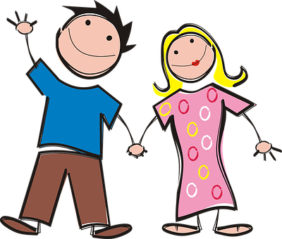 Boy Colorful Comic Characters Couple Femal - Man And Woman Holding Hands (400x340)