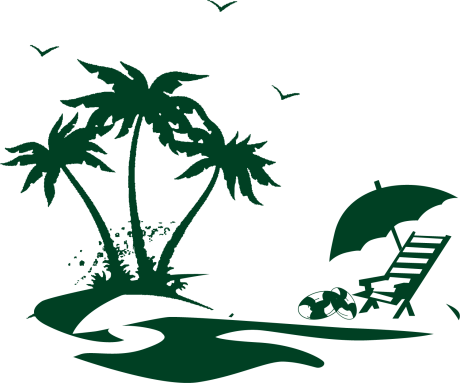 Silhouette Palm Trees With Lounge Chairs On The Beach - Kabab Paradise (460x383)