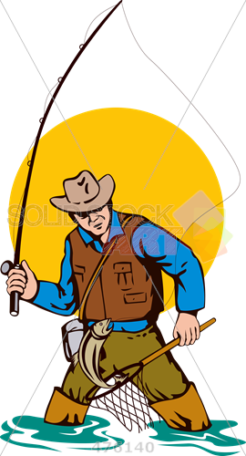 Cartoon Rendering Of Fisherman Fly Fishing Holding - Fly Fishing Clip Art (270x500)