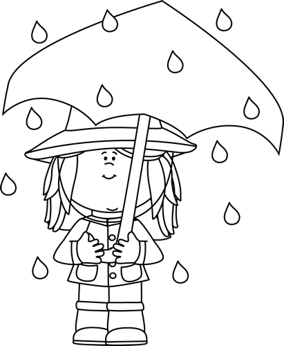 Black And White Girl Standing In The Rain - Rain And Umbrella Black And White Clipart (411x500)