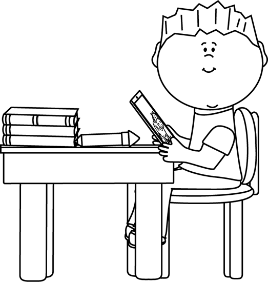 Black And White Boy At School Desk With Tablet Clip - Student Working Clipart Black And White (523x550)