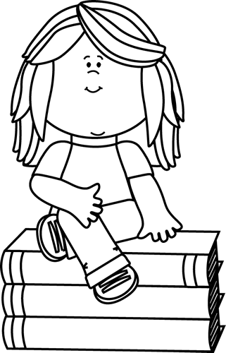 Black And White Little Girl Sitting On Books Clip Art - Free Clipart Books Black And White (321x500)