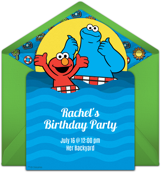 Elmo & Cookie Monster Pool Party Online Invitation - Met Your Mother Birthday (650x650)