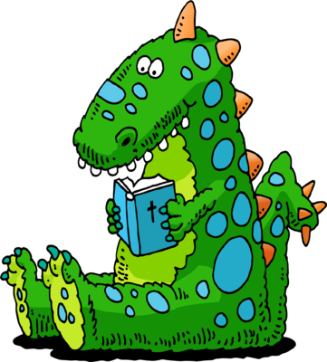 Bible Reading Dinosaur - Dinosaur Reading Clipart (361x400)