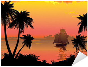 Silhouette Of The Jungle On The Ocean Background - Sunset Jungle Clipart (400x400)