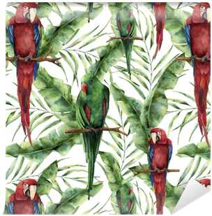 Watercolor Seamless Pattern With Parrots, Banana Palm - Hand Painted Parrot (400x400)