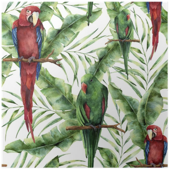 Watercolor Seamless Pattern With Parrots, Banana Palm - Hand Painted Parrot (400x400)
