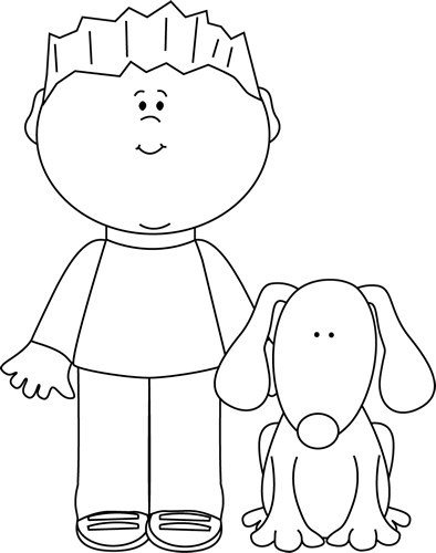 Black And White Boy With His Pet Dog Clip Art - Black And White Picture Of Pet (394x500)
