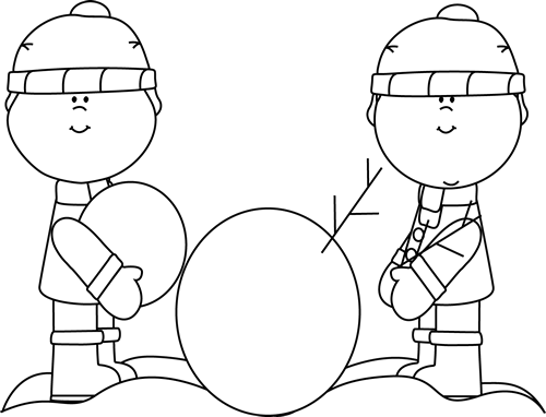Black And White Kids Building A Snowman - Cute Winter Clip Art Black And White (500x382)