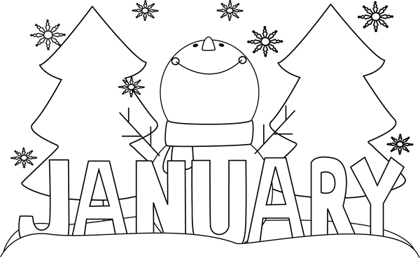 Black And White Month Of January Snowman Clip Art - January Black And White (600x369)