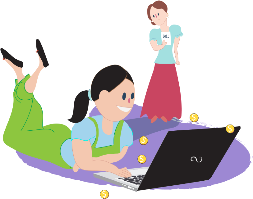 Girl On Laptop Spending Money Online With Mum Behind - Money (1000x692)