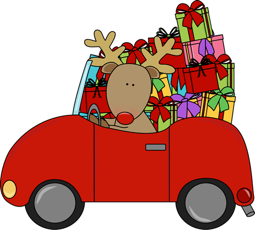 Reindeer Driving A Car Filled With Gifts - Christmas Car Clipart (500x451)