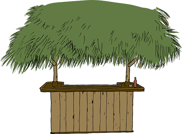Free Man, Beach, Bar, Branches, Cartoon, Dog, Grass, - Tiki Bar Clip Art (640x472)