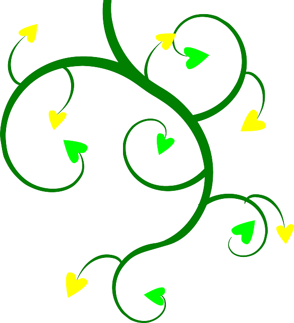 Hearts Branch, Green, Yellow, Hearts - Vines Black And White (583x640)