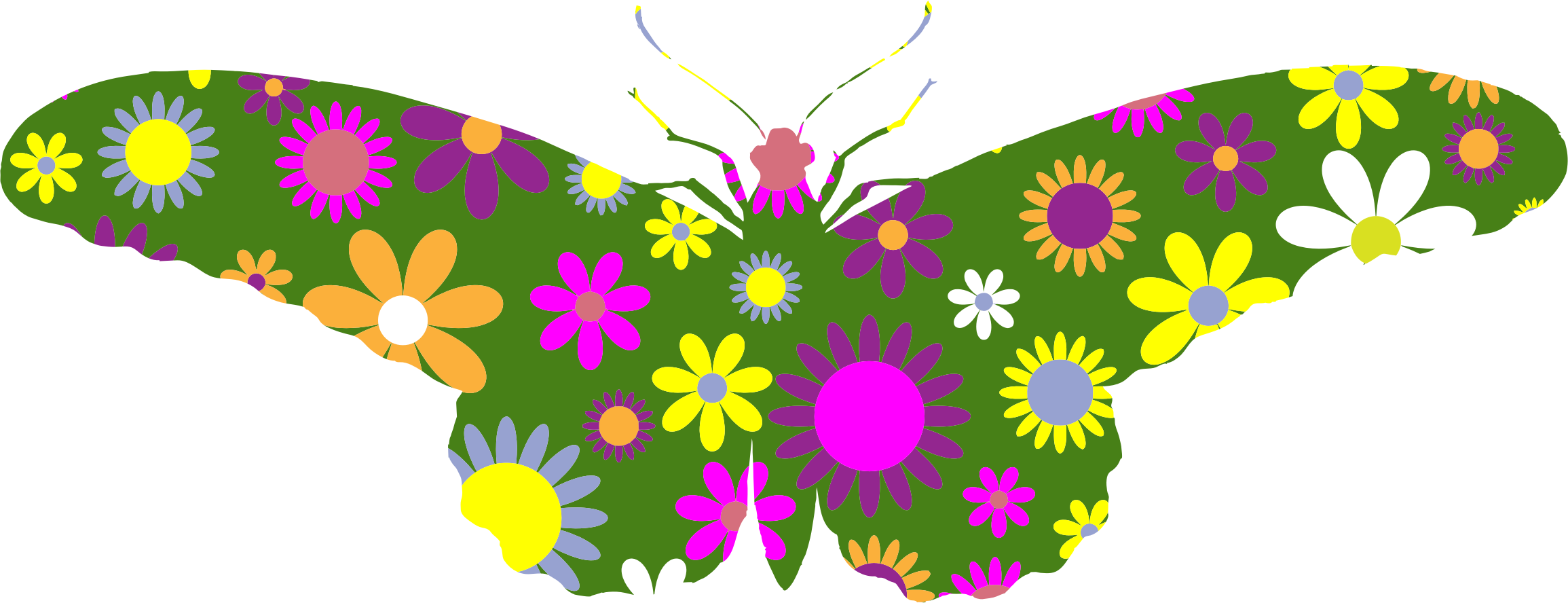 Floral Vintage Butterfly Illustration - Retro Blumenmuster - Siebzigerjahre Blumen-tapete Karte (2310x888)