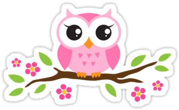 Cute Pink Cartoon Baby Owl Sitting On A Branch With - Baby Owl Cartoon (375x360)