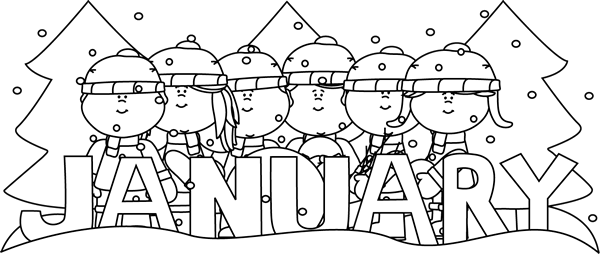 Winter Clipart Black And White - January Coloring (600x254)