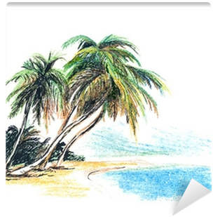 Fotomural Dibujo Playa Con Palmeras - Palm Tree And Beach Drawing (1180x833)