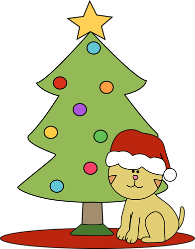 Cat Sitting In Front Of Christmas Tree - Christmas Cat Clip Art (392x500)