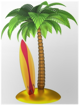 Póster Palmera Y Tabla De Surf En La Playa De La Composición - Surf Palmera (400x400)