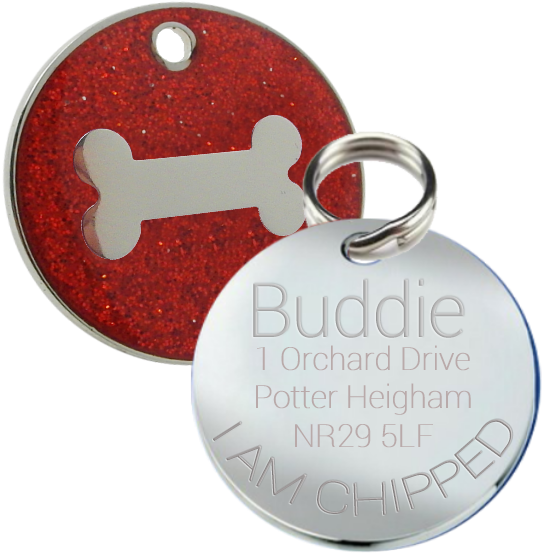 75 Red Glitter Pet Id Dog Name Tagg 25 Mm Round With - Pet Tag (600x600)