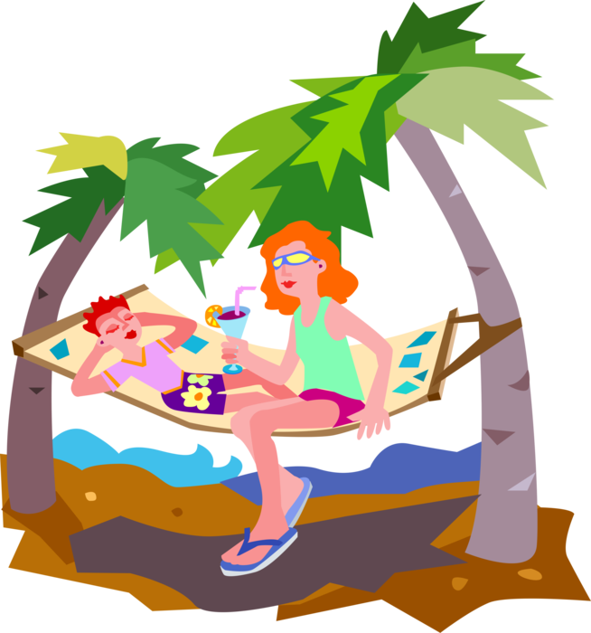 Vector Illustration Of Relaxing On Hammock Between - Vector Graphics (654x700)
