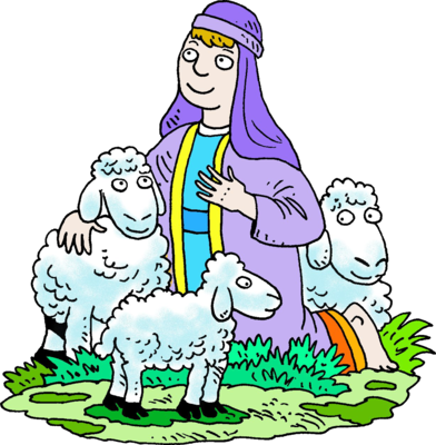 Image Kneeling Shepherd In Purple Robe With His Sheep - Shepherds And Sheep Clipart (392x400)