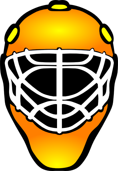 Orange Hockey Goalie Mask Clip Art - Gold Goalie Mask Clip Art (414x599)