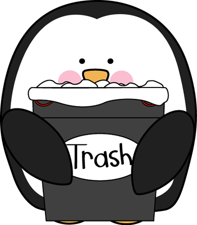 Penguin Trash Helper - Cute Trash Can Clipart (394x450)