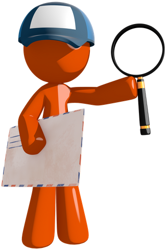 Orange Man Postal Mail Worker With Envelope And Magnifying - Cartoon (393x550)