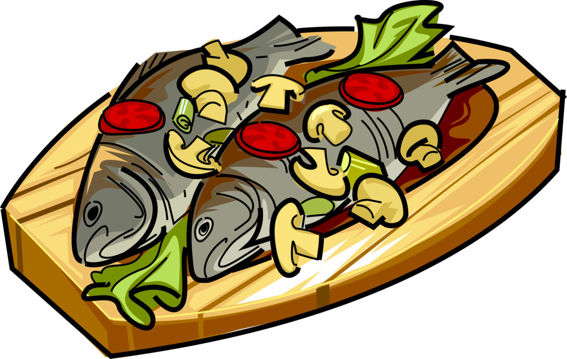 Vector Illustration Of Roast Fish With Mushrooms And - Fish (1105x700)